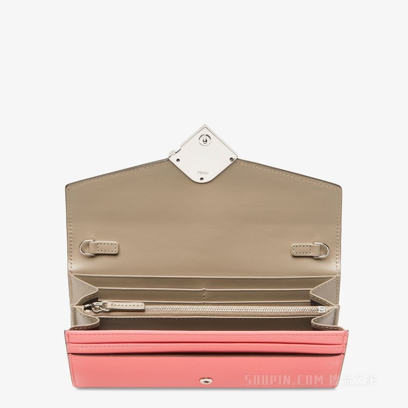 FF Diamonds链条长款皮夹 粉红色和鸽子灰双色皮革皮夹