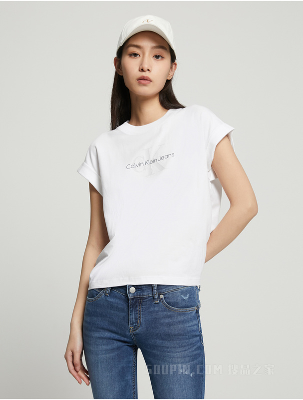 Calvin Klein 23春季新款女士时尚层叠LOGO透气圆领短袖T恤J221213