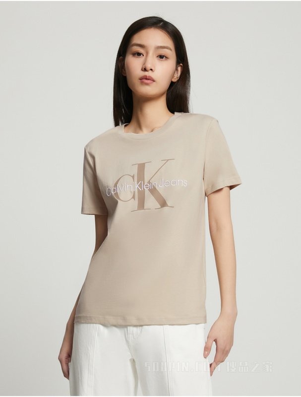 Calvin Klein 23春季新款女士时尚交叠LOGO纯棉透气圆领短袖T恤J218885