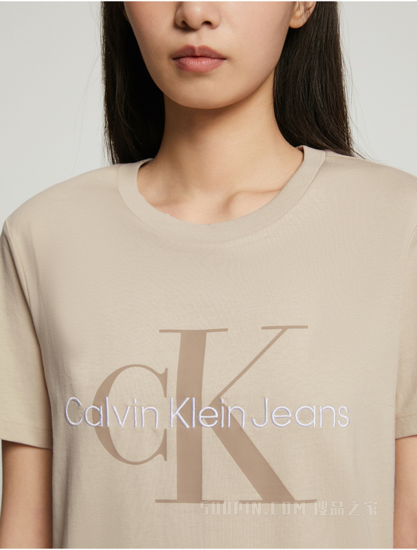 Calvin Klein 23春季新款女士时尚交叠LOGO纯棉透气圆领短袖T恤J218885