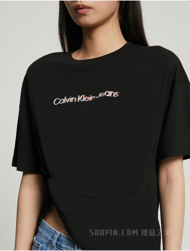 Calvin Klein 23春季新款女士时尚打褶重影LOGO印花圆领短袖T恤J221109