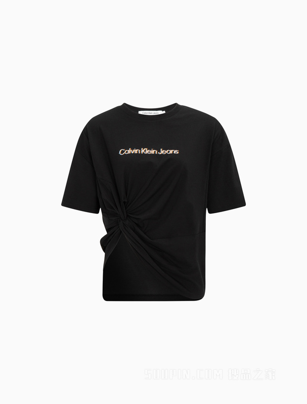 Calvin Klein 23春季新款女士时尚打褶重影LOGO印花圆领短袖T恤J221109