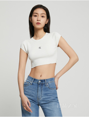 Calvin Klein 23春季女士简约刺绣时尚性感露背系带短袖针织衫J220709
