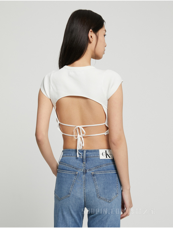 Calvin Klein 23春季女士简约刺绣时尚性感露背系带短袖针织衫J220709