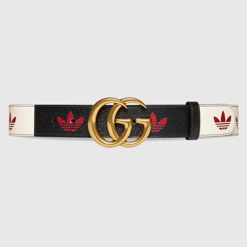 adidas x Gucci联名系列双G Trefoil腰带 米白色和黑色皮革