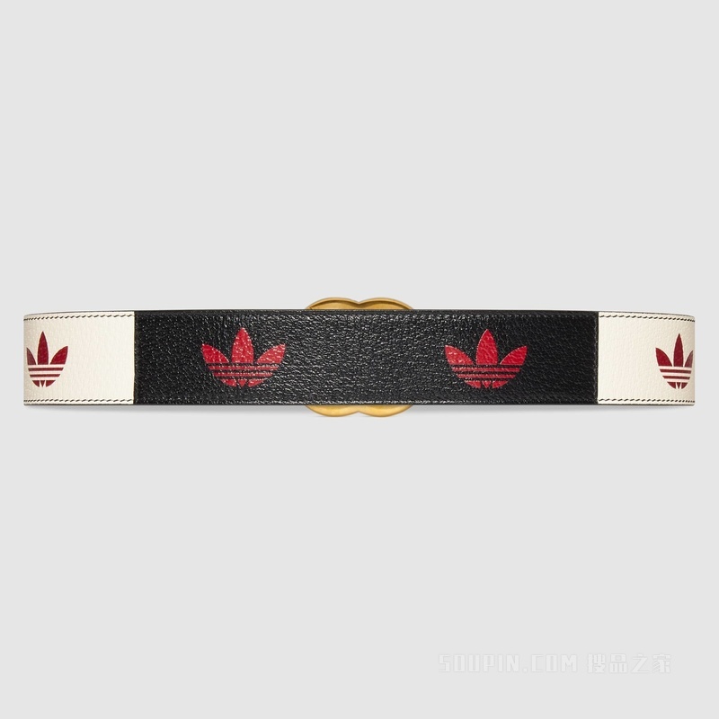 adidas x Gucci联名系列双G Trefoil腰带 米白色和黑色皮革