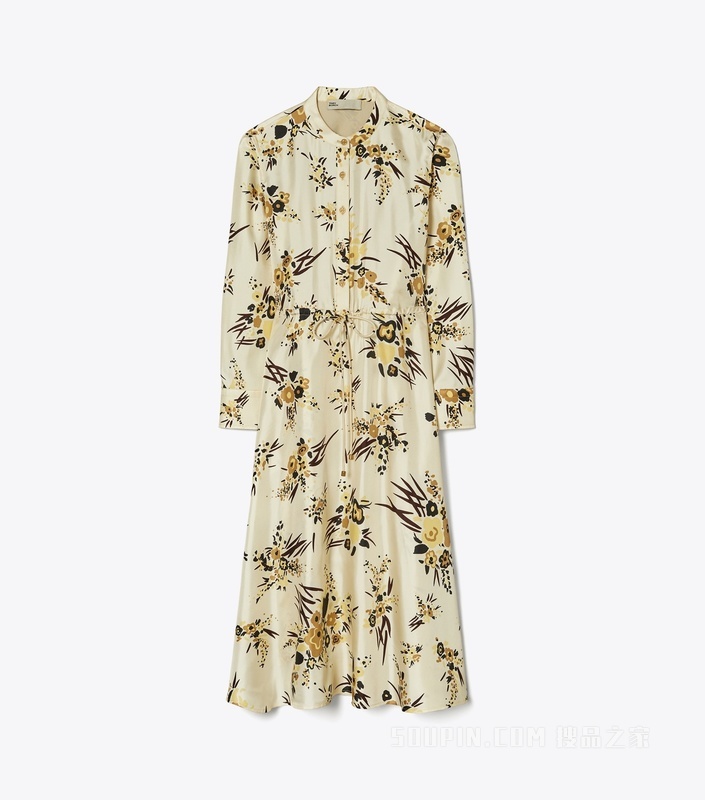 印花桑蚕丝衬衫裙 奶油白/多色