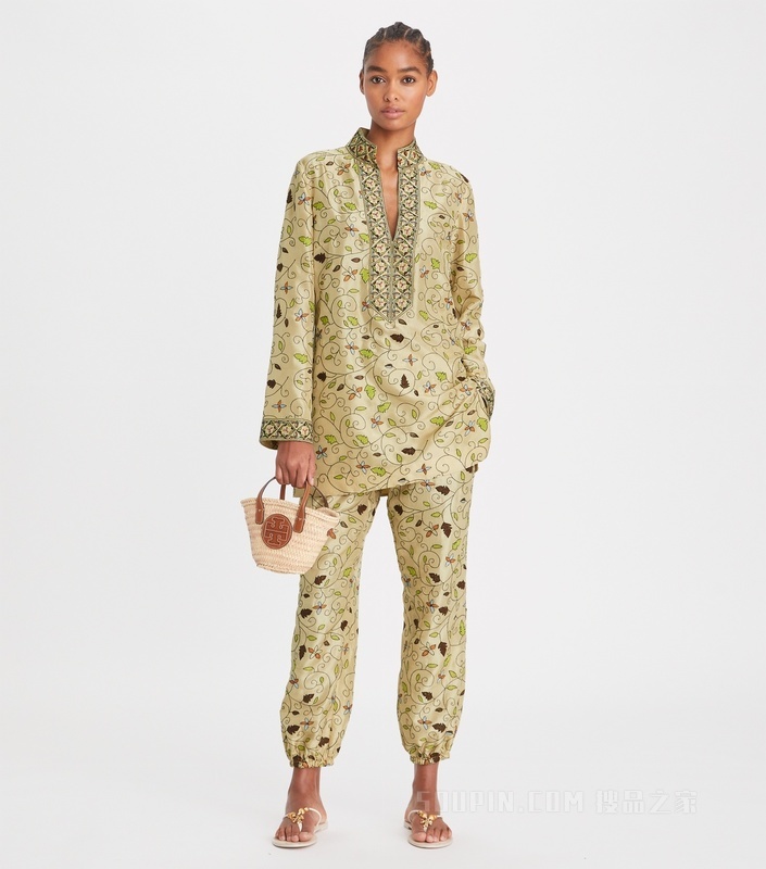 刺绣桑蚕丝沙滩裤 浅卡其绿