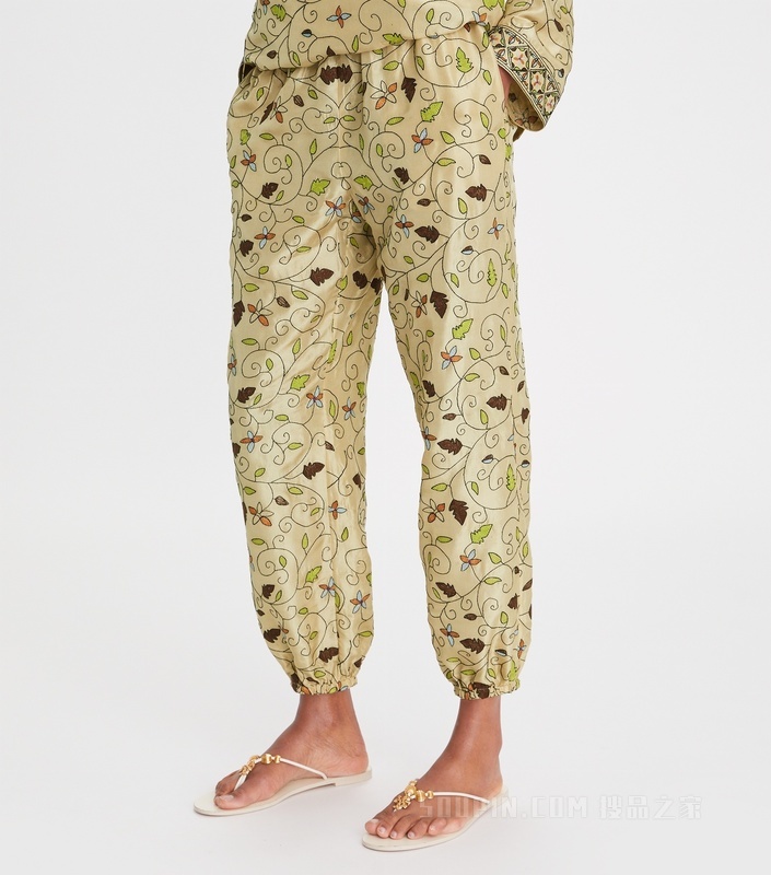 刺绣桑蚕丝沙滩裤 浅卡其绿