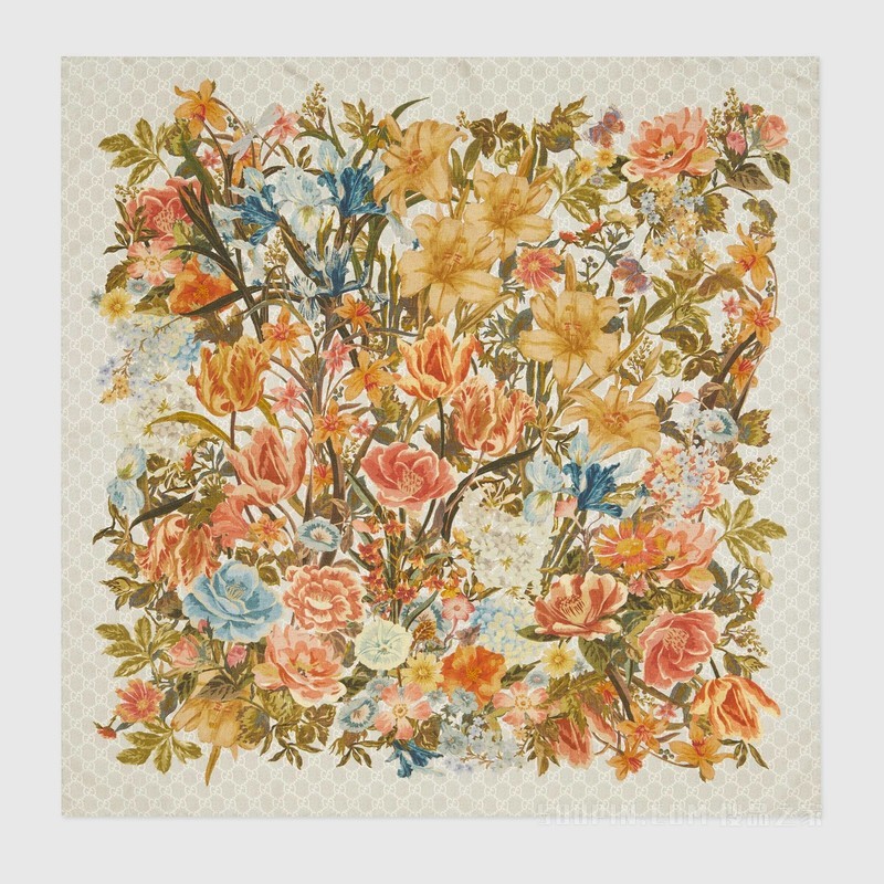 GG花卉印花真丝围巾 玫瑰红和象牙白