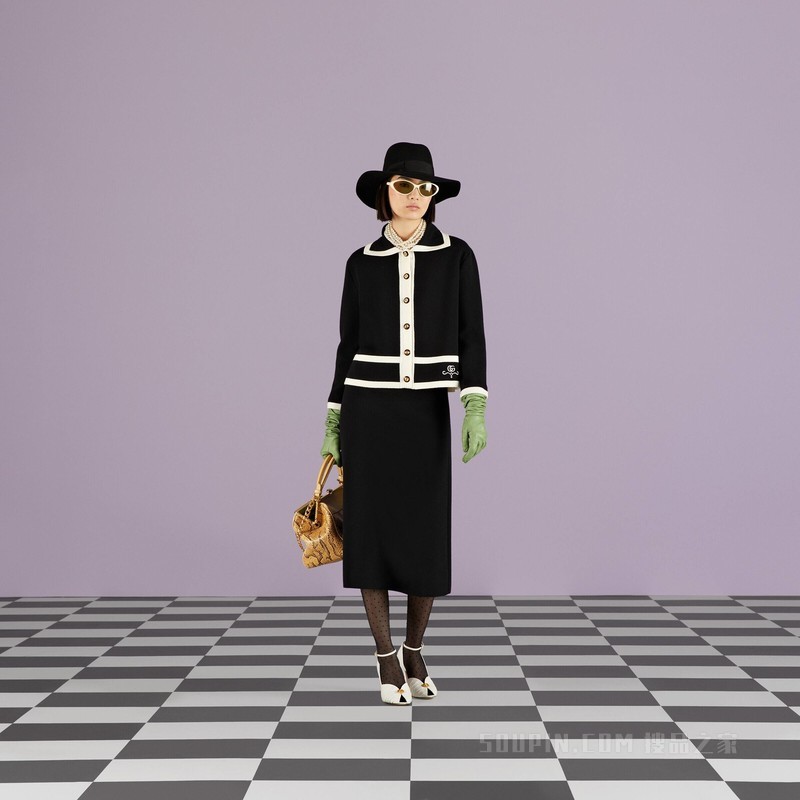 GG珠地棉提花羊毛衬衫 黑色