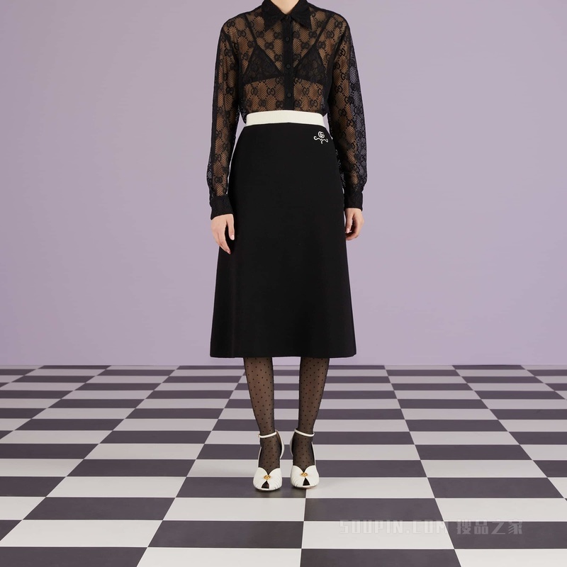 GG珠地棉提花羊毛衬衫 黑色