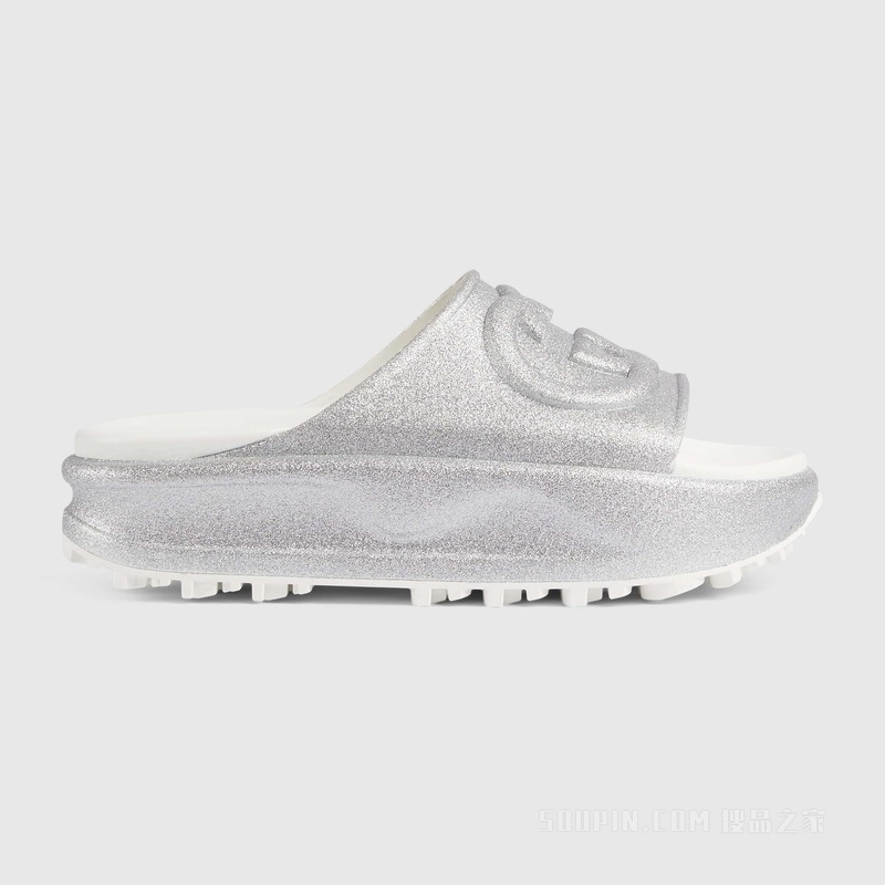 女士互扣式双G拖鞋 金属质感银色橡胶