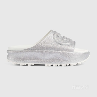 女士互扣式双G拖鞋 金属质感银色橡胶