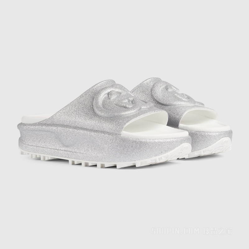 女士互扣式双G拖鞋 金属质感银色橡胶