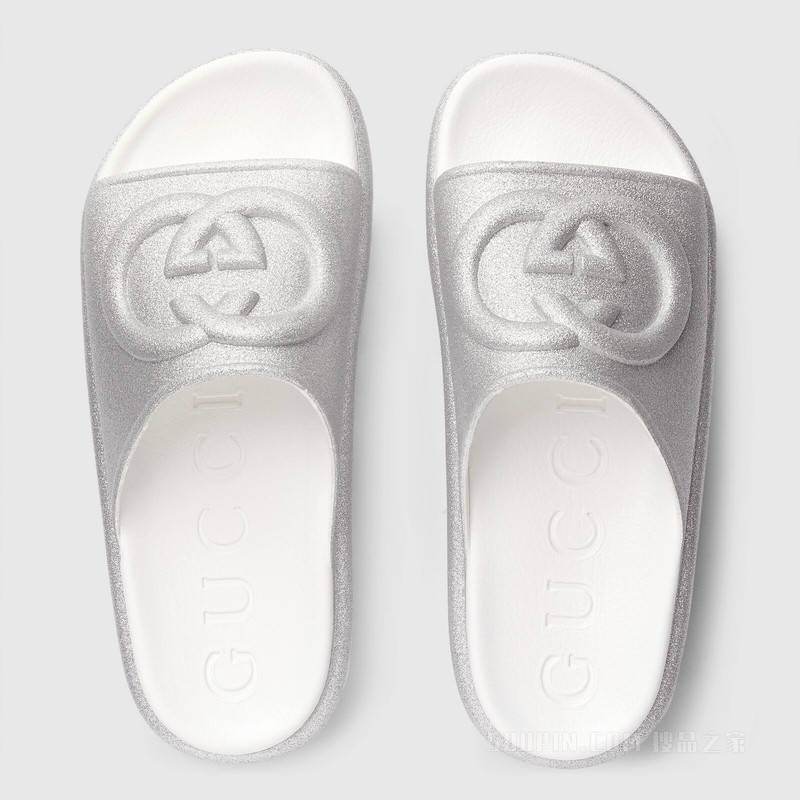 女士互扣式双G拖鞋 金属质感银色橡胶