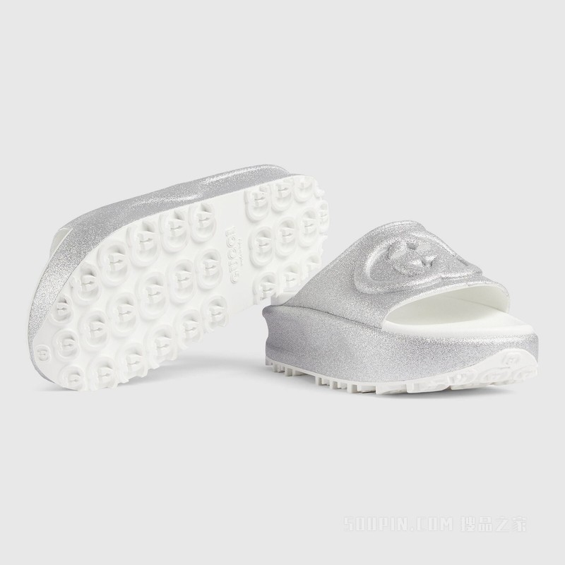 女士互扣式双G拖鞋 金属质感银色橡胶