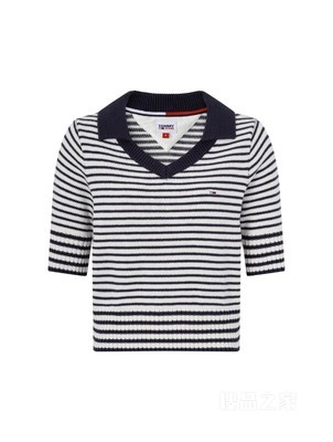 23新款春季女装条纹小绣标POLO翻领V领短针织衫DW0DW15561