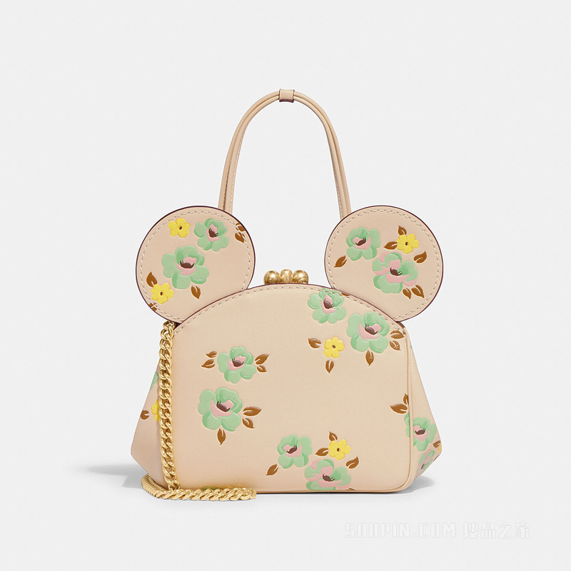 DISNEY X COACH花卉印花吻锁手袋 黄铜色硬件/象牙白色