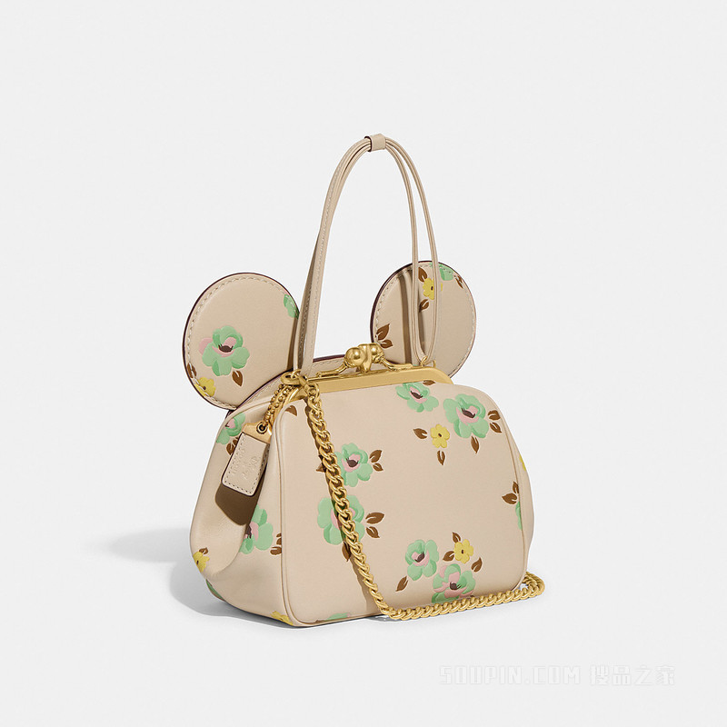 DISNEY X COACH花卉印花吻锁手袋 黄铜色硬件/象牙白色