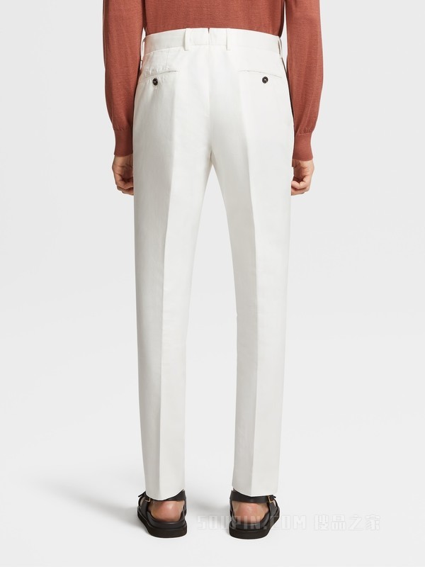 白色棉及亚麻夏季斜纹长裤