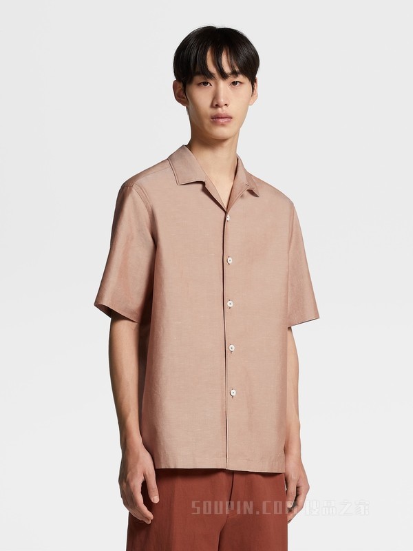 深米色 Crossover 棉、亚麻及桑蚕丝混纺短袖衬衫