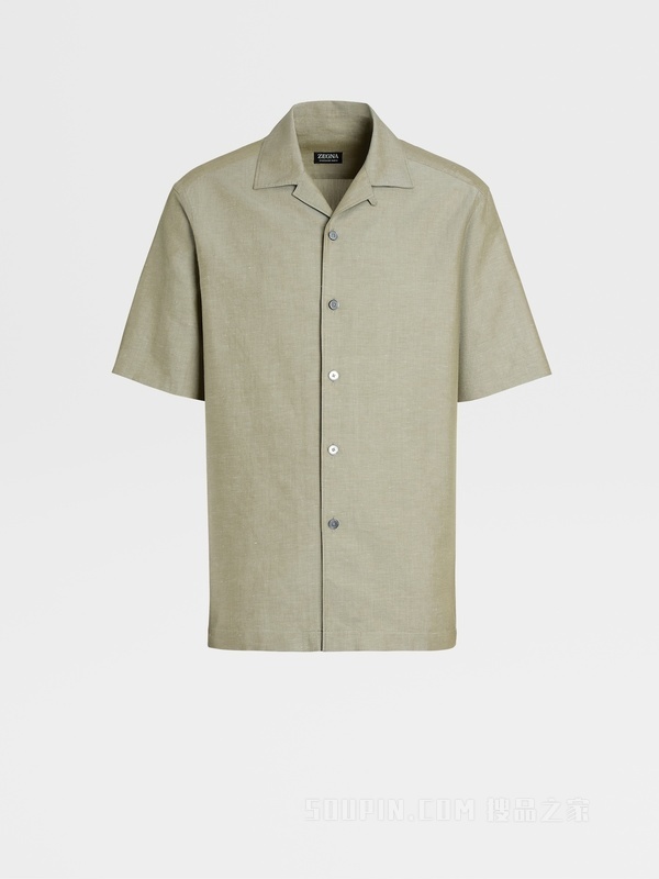 浅军绿色 Crossover 棉、亚麻及桑蚕丝混纺短袖衬衫