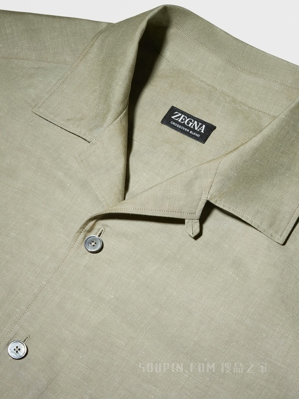 浅军绿色 Crossover 棉、亚麻及桑蚕丝混纺短袖衬衫