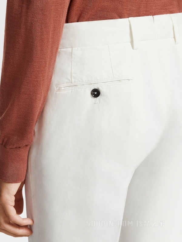 白色棉及亚麻夏季斜纹长裤
