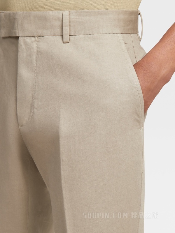 浅灰色棉及亚麻夏季斜纹长裤