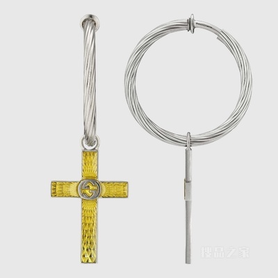 互扣式双G珐琅十字架单边耳环 钯金色调金属