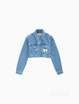 Calvin Klein 23春季新款女士简约LOGO布标潮流纯棉短牛仔夹克J220658