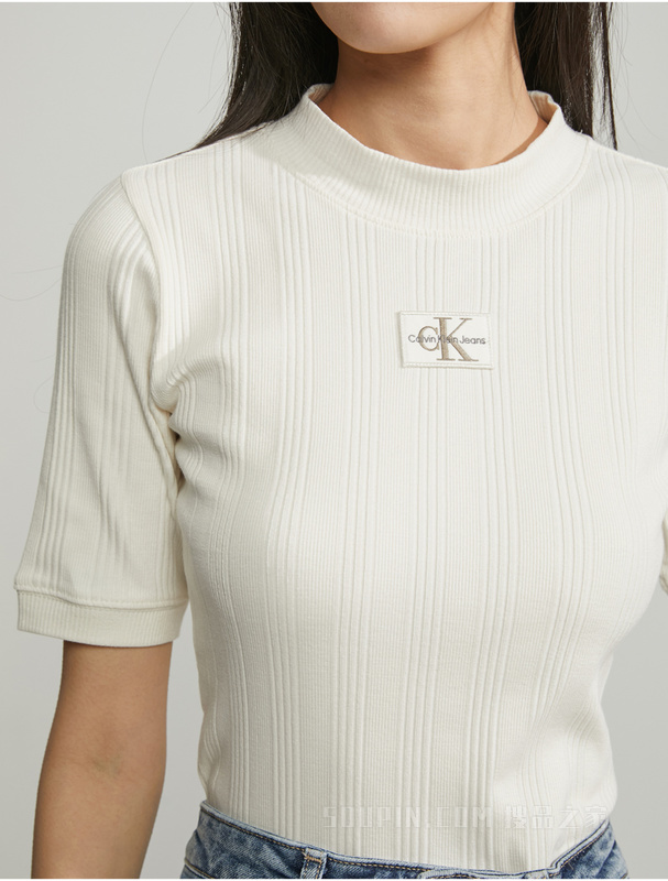Calvin Klein 23春季新款女士时尚LOGO绣标螺纹修身针织短袖T恤J220291