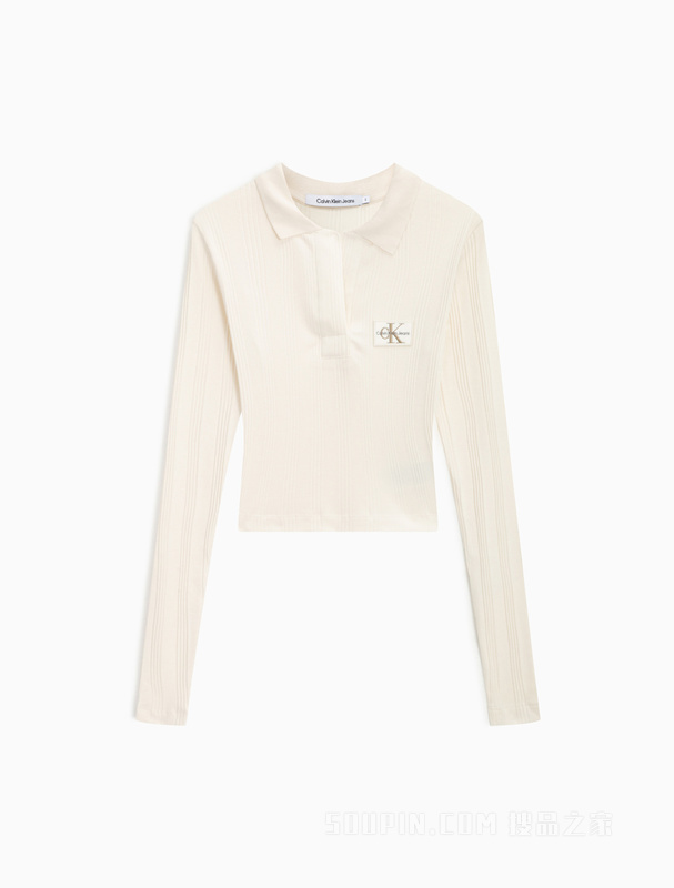 Calvin Klein 23春季新款女士LOGO刺绣无扣POLO领高腰修身T恤J221481