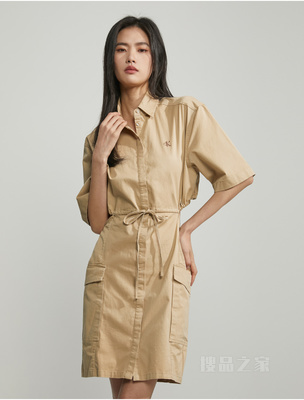 Calvin Klein 23春季新款女士系带露腰刺绣翻领短袖衬衫连衣裙J220520