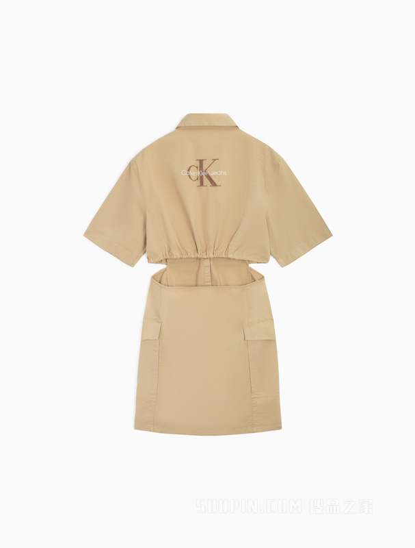 Calvin Klein 23春季新款女士系带露腰刺绣翻领短袖衬衫连衣裙J220520