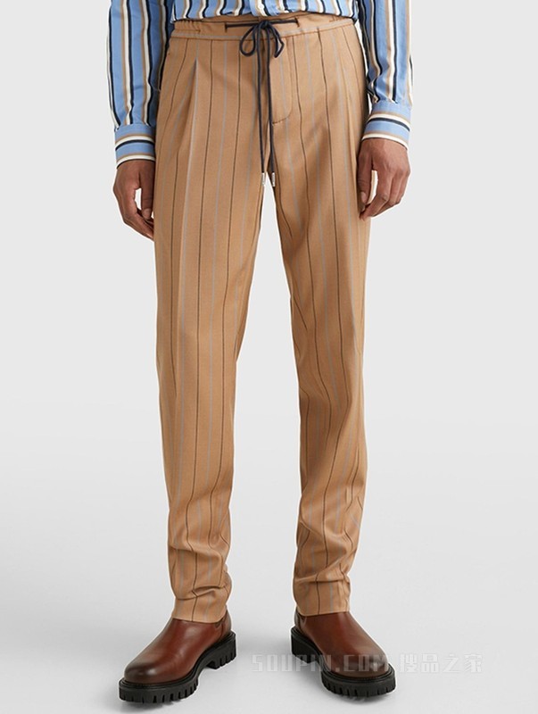 23新款早春男装含羊毛混纺时尚条纹抽绳腰修身西裤43415