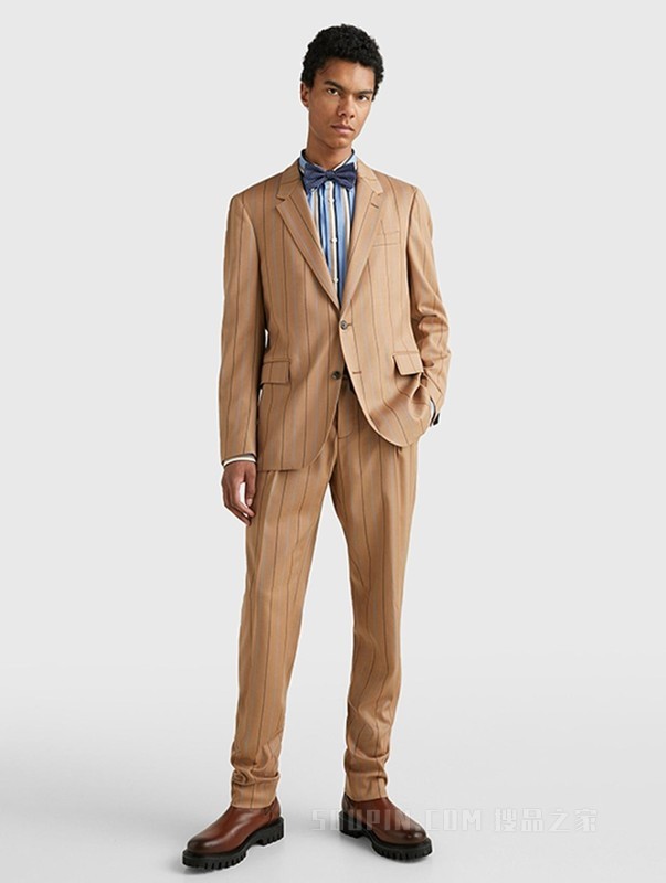 23新款早春男装含羊毛混纺时尚条纹抽绳腰修身西裤43415