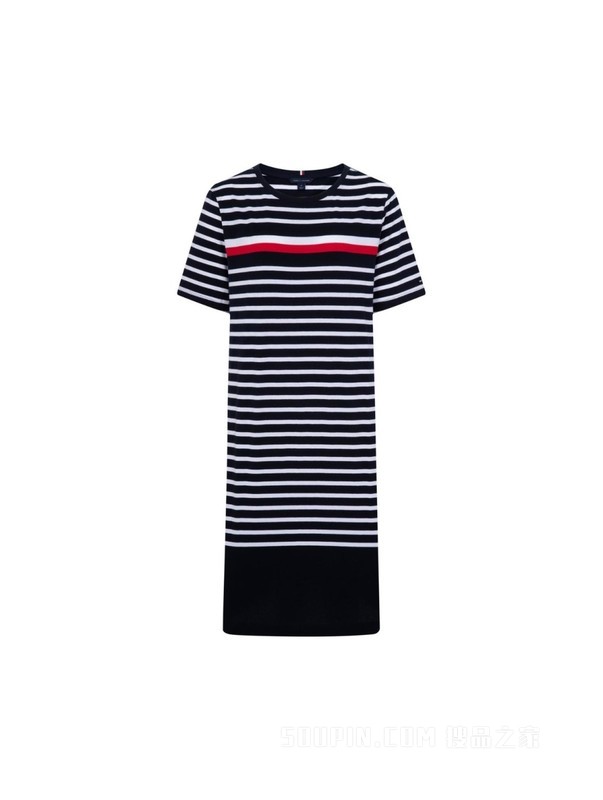 23新款春夏女装纯棉时尚拼色条纹圆领短袖连衣裙76J4035