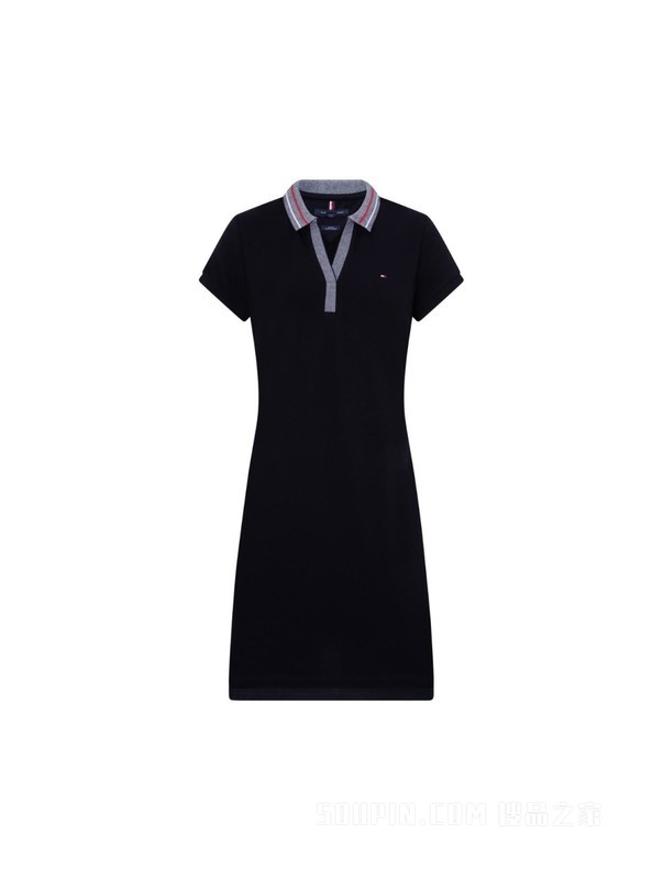 23新款春夏女装简约绣标修身显瘦撞色V领POLO连衣裙76J4038