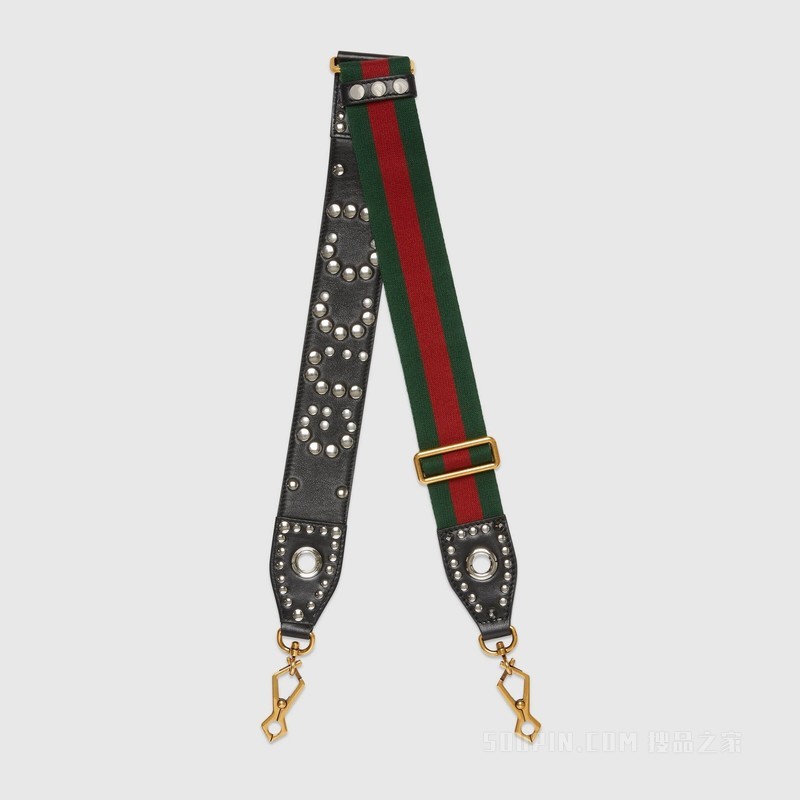 铆钉“Gucci”织带宽肩带 绿色和红色帆布