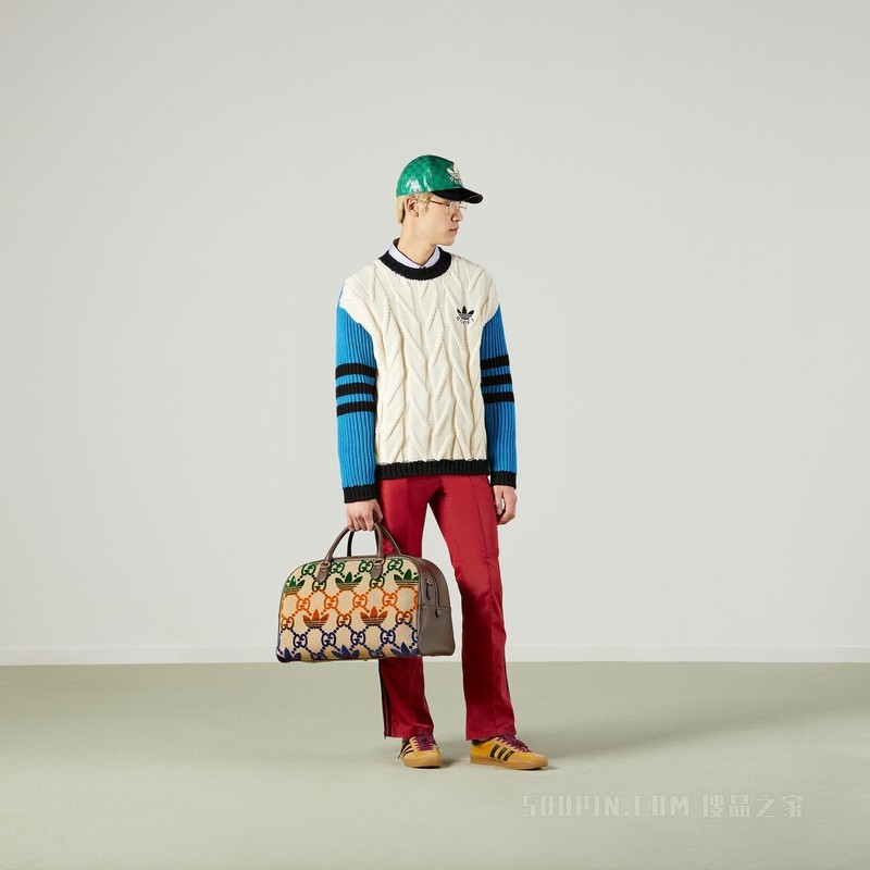 adidas x Gucci联名系列混合针法针织羊毛衫 象牙白色和蓝色