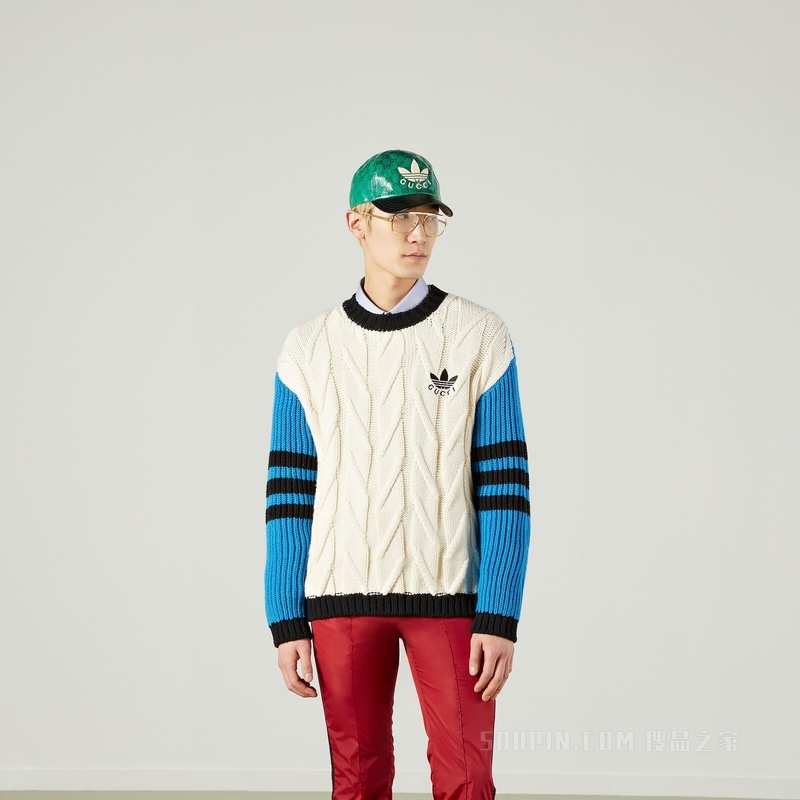 adidas x Gucci联名系列混合针法针织羊毛衫 象牙白色和蓝色
