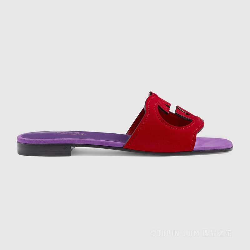 女士互扣式双G镂空细节拖鞋 红色和紫色绒面材质