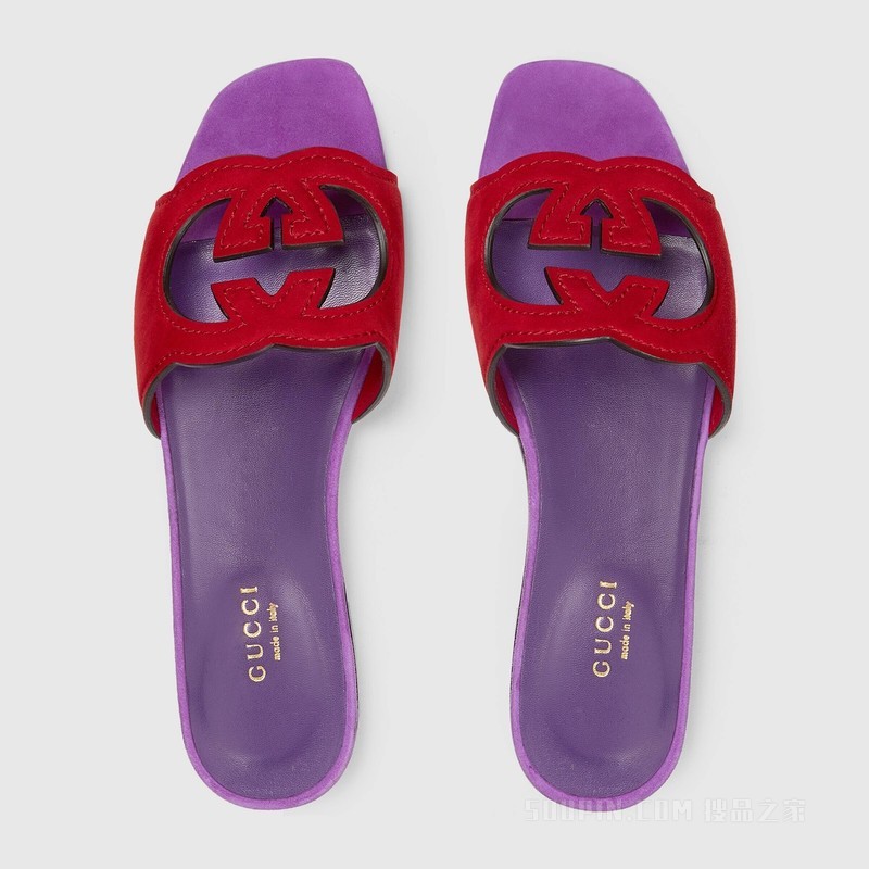 女士互扣式双G镂空细节拖鞋 红色和紫色绒面材质