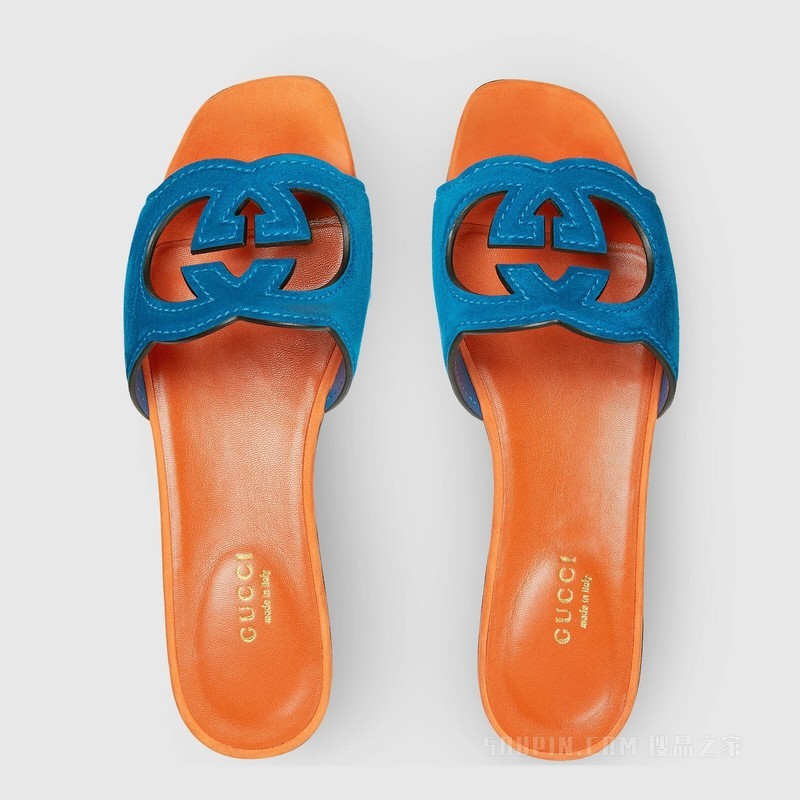 女士互扣式双G镂空细节拖鞋 蓝色和橙色绒面材质