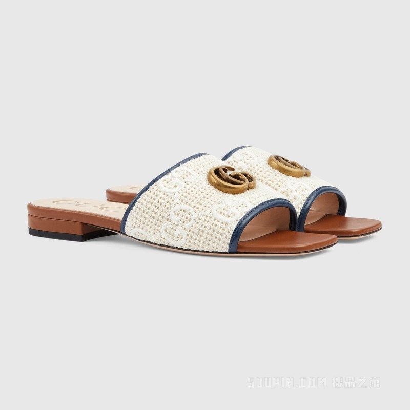 女士双G凉鞋 象牙白和白色棉布