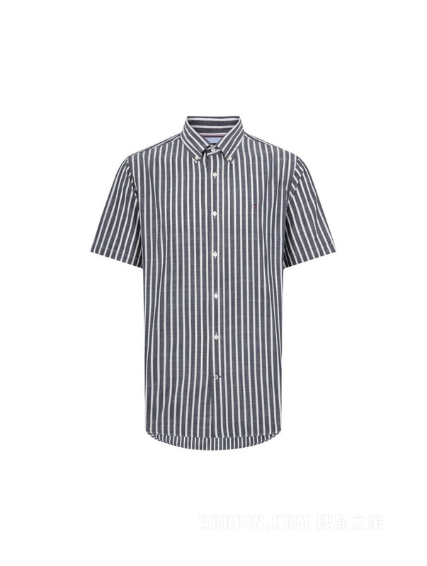 23新款春夏男装纯棉府绸条纹小绣标尖角扣短袖衬衫30083