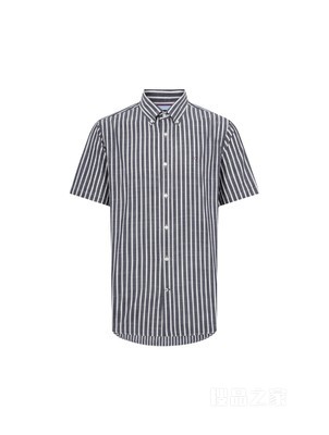 23新款春夏男装纯棉府绸条纹小绣标尖角扣短袖衬衫30083
