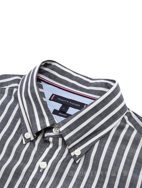 23新款春夏男装纯棉府绸条纹小绣标尖角扣短袖衬衫30083